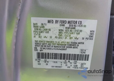 2012 Ford Escape Limited z USA, uszkodzony, nr VIN 1FMCU0EG1CKA42897